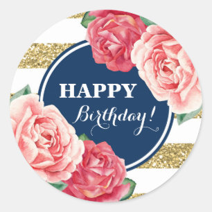 Alles Gute zum Geburtstag Navy Blau Gold Streifen Runder Aufkleber