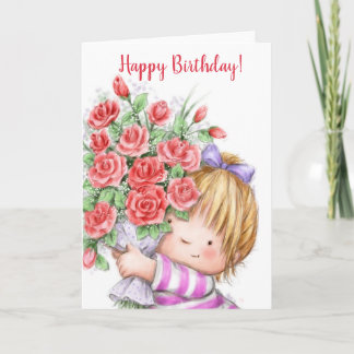 Alles Gute zum Geburtstag, niedliches Mädchen mit Karte