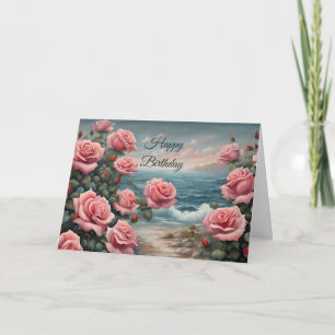 Alles Gute zum Geburtstag Pinke Rosen am Ozean  Karte