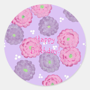 Alles Gute zum Geburtstag, rosa und violette Blume Runder Aufkleber