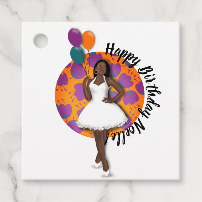 Alles Gute zum Geburtstag! Schwarze Frau, Balloons Geschenkanhänger (Vorderseite)