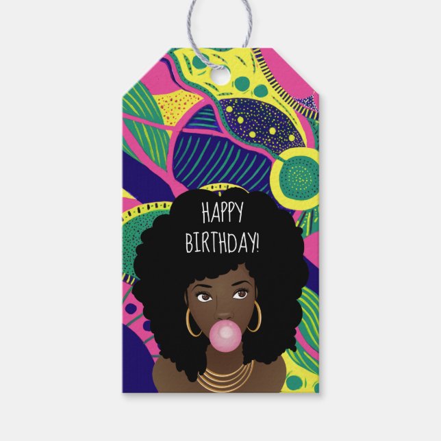 Alles Gute zum Geburtstag! Schwarze Frau, Bubblegu Geschenkanhänger (Vorderseite)