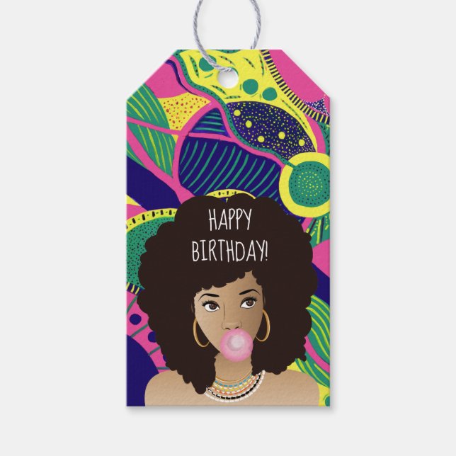 Alles Gute zum Geburtstag! Schwarze Frau, Bubblegu Geschenkanhänger (Vorderseite)