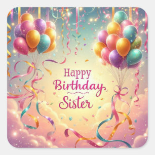Alles Gute zum Geburtstag Schwester Ballons Glitte Quadratischer Aufkleber