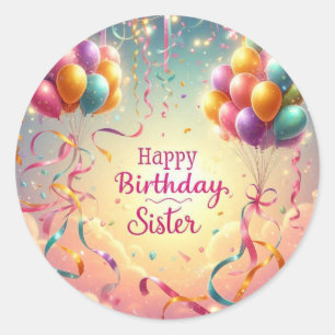Alles Gute zum Geburtstag Schwester Ballons Glitte Runder Aufkleber