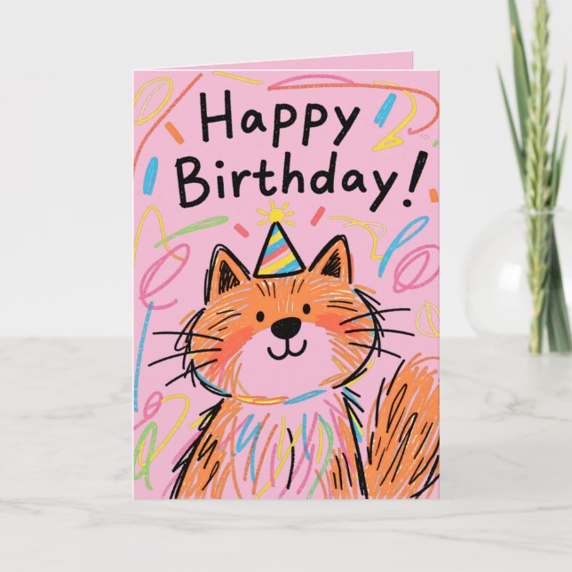 Alles Gute zum Geburtstag Scribble Cat Karte Pink (Vorderseite)