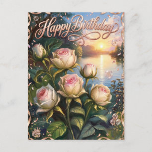Alles Gute zum Geburtstag Sunset Lake mit Rosen Postkarte