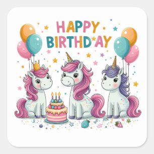 Alles Gute zum Geburtstag Süße Einhörner Feiern  Quadratischer Aufkleber