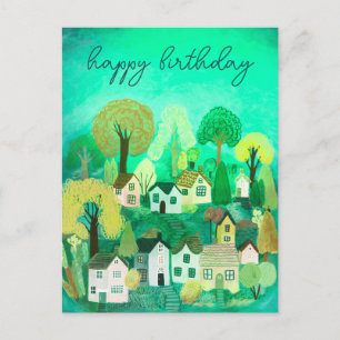 ALLES GUTE ZUM GEBURTSTAG Süße Landhaus-Dorf-Illus Postkarte