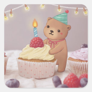 Alles Gute zum Geburtstag: Teddybär & Cupcakes Quadratischer Aufkleber