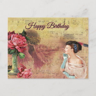 Alles Gute zum Geburtstag Vintage-Dame mit Rosen  Postkarte