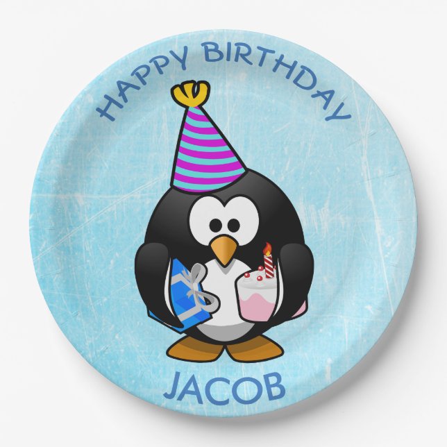 Alles Gute zum Geburtstagpenguin-blaues Pappteller (Vorderseite)
