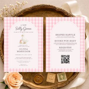 Alles in Einem Alberner Gans Rosa Gingham Baby Sho Einladung