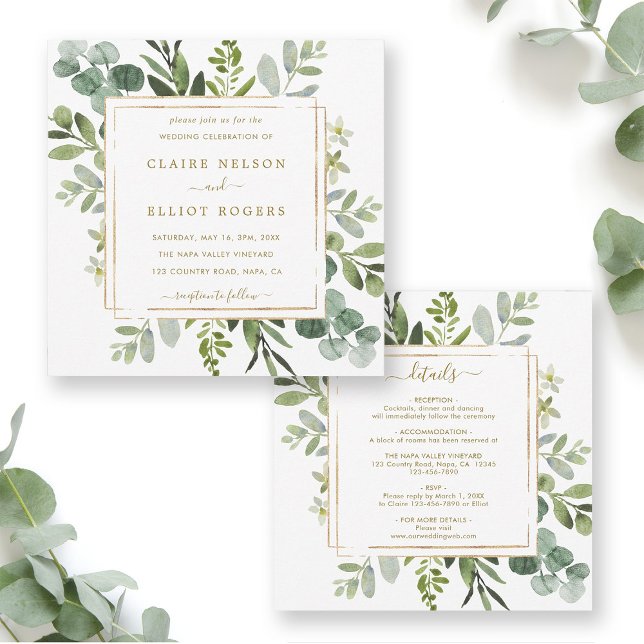 Alles in einem Botanischen goldenen Hochzeitsplatz Einladung (Front & Back)