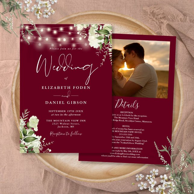 Alles in einem Burgund Grün Foto Hochzeit Einladung (All In One Burgundy Greenery Light Photo Wedding Invitation)