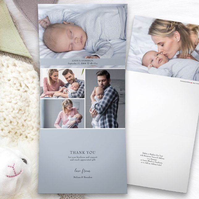 Alles in einem Dankeschön und Birth 5 Boy Baby Fot Dreifach Gefaltete Ankündigung (Multi Photo Baby Birth Announcement and Thank You card on all-in-one trifold design.)
