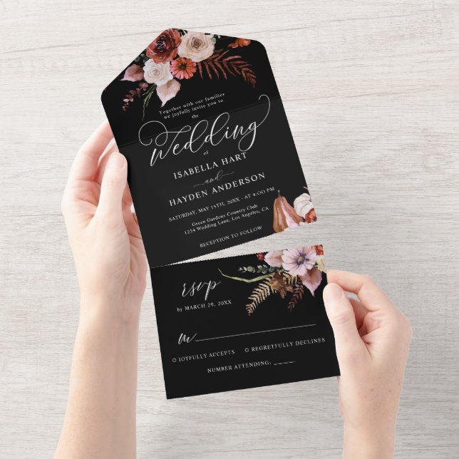 Alles in einem dunklen Moody-Floral Black Boho UAW All In One Einladung (Abreißen)