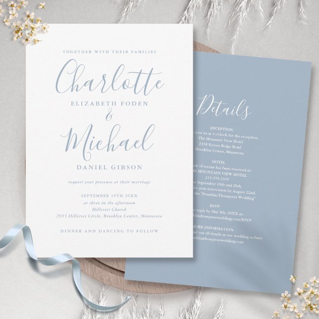 Alles in einem Dusty Blue einfach Chic Script Hoch Einladung (All In One Dusty Blue Simple Chic Script Wedding Invitation)