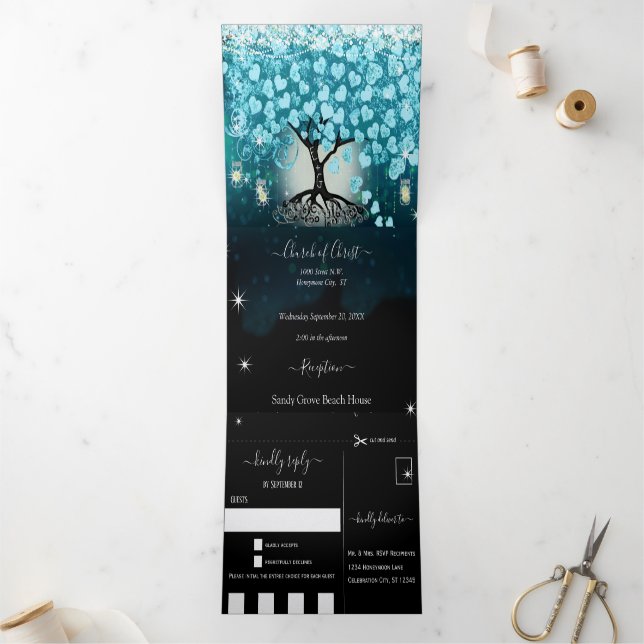 Alles in einem eleganten, Aquamarinen Aqua-Herz-Le Dreifach Gefaltete Einladung (Innenseite)