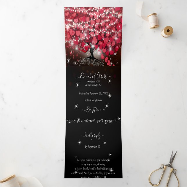 Alles in einem eleganten Rot-Rosa-Heart-Leaf-Hochz Dreifach Gefaltete Einladung (Innenseite)