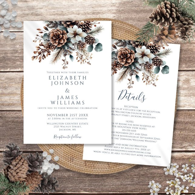 Alles in einem eleganten Winter florale Pinecone H Einladung (All In One Elegant Winter Floral Pinecone Wedding Invitation)