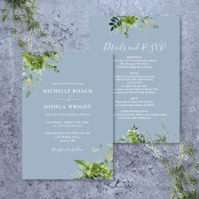 Alles in einem Eukalyptus Greenery Dusty Blue Wedd Einladung (All In One Eucalyptus Greenery Dusty Blue Wedding Invitation)