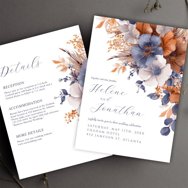 Alles in einem floralen eleganten, stürmischen Bla Einladung (All In One Floral Elegant Dusty Blue Rust Wedding Invitation)