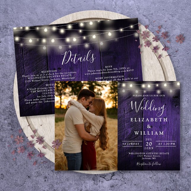 Alles in einem Lila Foto mit Holzsaitenlicht Einladung (All In One Purple Wood String Lights Wedding Photo Invitation)