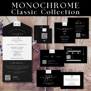 Alles in Einem Monochrom Schwarz Weiß QR Code Hoch All In One Einladung