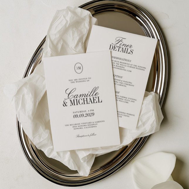 Alles in Einem Monogramm Moderne Hochzeit  Einladung (All in One Monogram Modern Wedding Invitation)