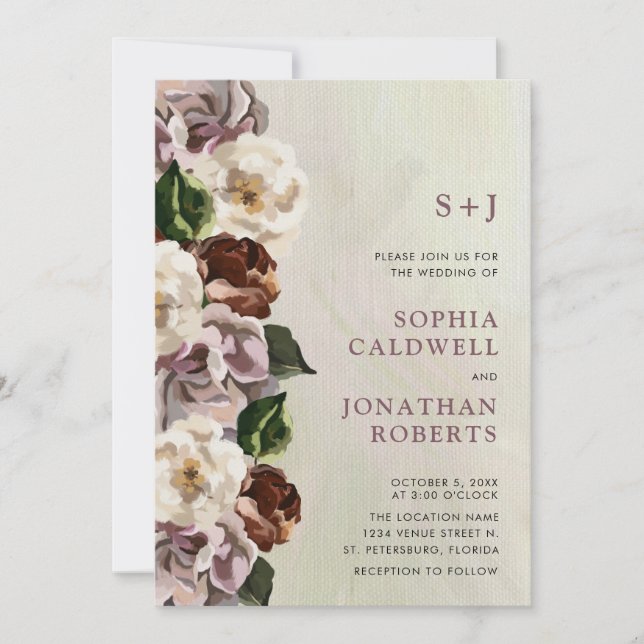 Alles in einem Monogramm-Moody-Floral Border Weddi Einladung (Vorderseite)