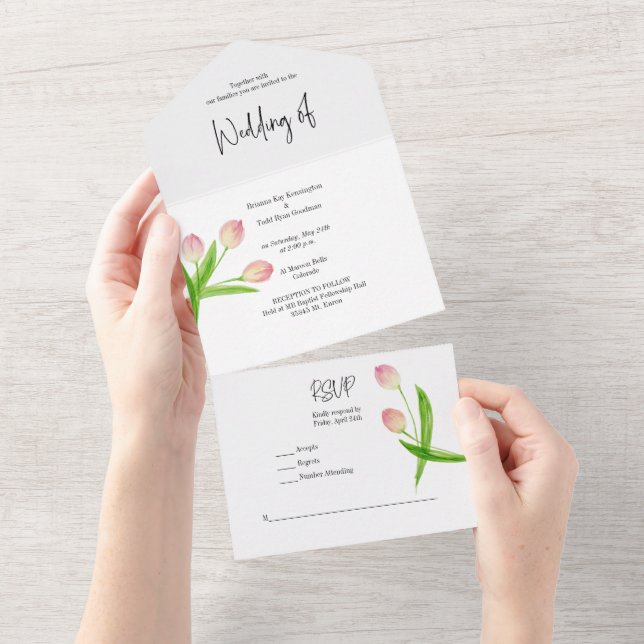 Alles in einem rosa Frühling Wasserfarbe Tulip Ein All In One Einladung (Abreißen)