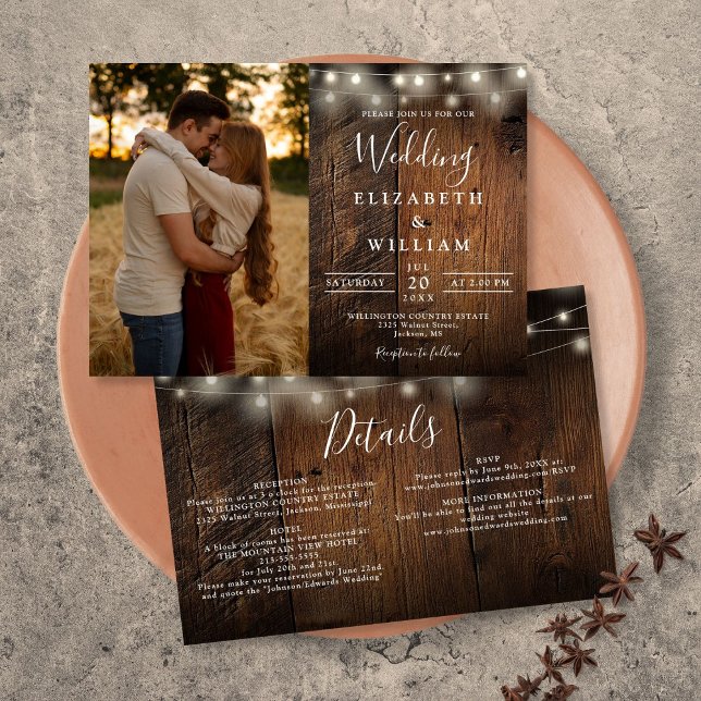 Alles in einem rustikalen Foto mit Holzsaitenlicht Einladung (All In One Rustic Wood String Lights Wedding Photo Invitation)