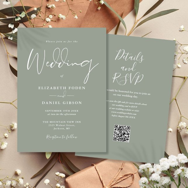 Alles in einem Schritt grüner QR-Code Hochzeit Einladung (All In One Sage Green QR Code Wedding Invitation)
