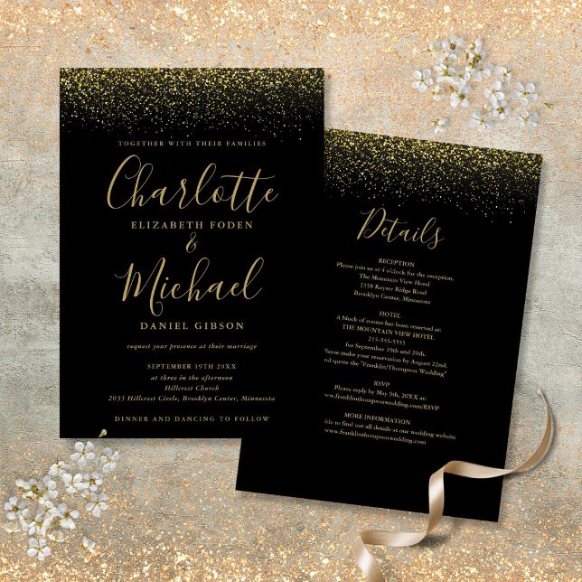 Alles in einem Schwarz-Gold-Glitzer-Skript Hochzei Einladung (All In One Black And Gold Glitter Script Wedding Invitation)