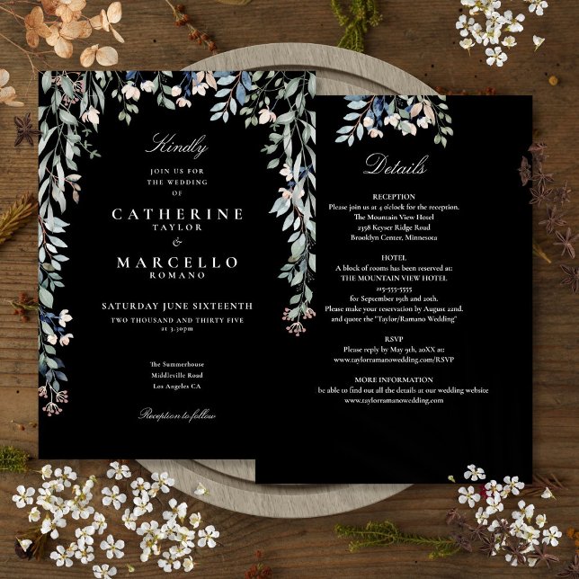 Alles in einer blumenschwarzen und weißen Hochzeit Einladung (All In One Floral Black And White Wedding Invitation)