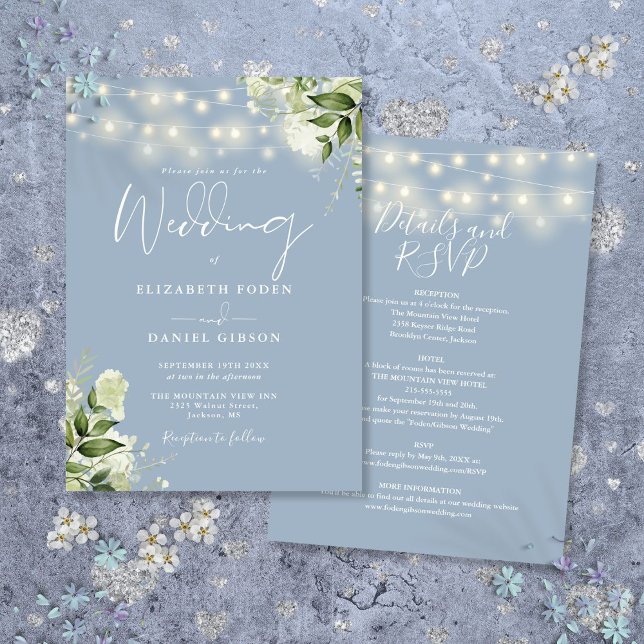 Alles in einer duftigen blauen String-Lights Blume Einladung (All In One Dusty Blue String Lights Floral Wedding Invitation)