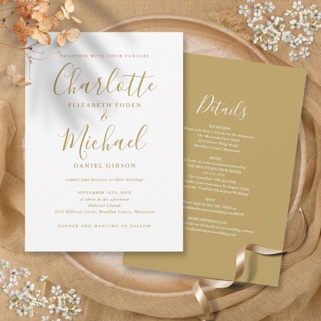 Alles in einer einfachen, eleganten Goldskripthoch Einladung (All In One Simple Elegant Gold Script Wedding Invitation)