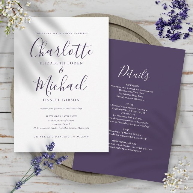 Alles in einer einfachen, eleganten, Lila Skriptho Einladung (All In One Simple Elegant Purple Script Wedding Invitation)