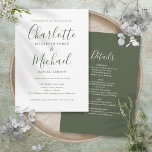 Alles in einer einfachen Olive Green Script Hochze Einladung<br><div class="desc">Diese elegante,  olivengrüne Hochzeitseinladung mit ihren charakteristischen Stilnamen kann mit all Ihren besonderen Informationen zum Hochzeitstag auf der Rückseite personalisiert werden,  inklusive UAWG,  Unterkunft und weiteren Details. Entwickelt von Thisisnotme©</div>