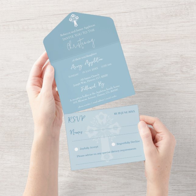 Alles in einer Einladung Bläserkreuz Taufe blau (Abreißtisch)