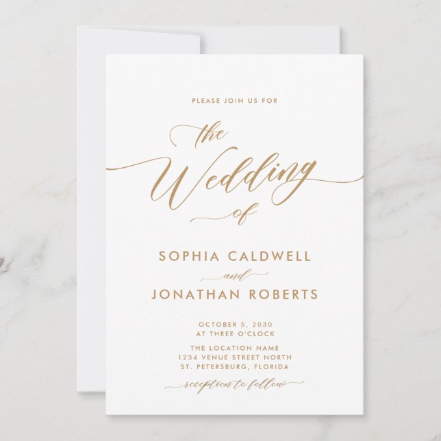 Alles in einer Goldkalligrafie-Hochzeit aktualisie Einladung (Vorderseite)