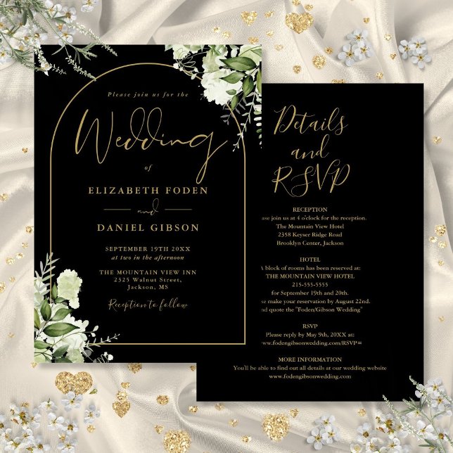 Alles in einer grünen Schwarz-Gold-Arch-Hochzeit Einladung (All In One Greenery Black And Gold Arch Wedding Invitation)