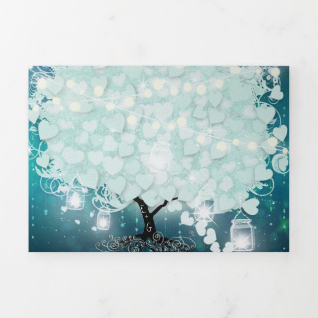 Alles in einer Minute Blush Blue Heart Leaf Hochze Dreifach Gefaltete Einladung (Cover)