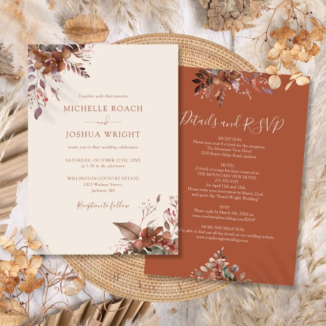 Alles in einer rustikalen blühenden Hochzeit im He Einladung (All In One Rustic Floral Autumn Fall Wedding Invitation)