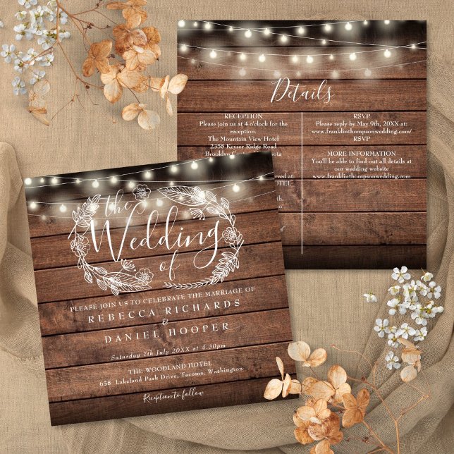 Alles in einer rustikalen Holzsaitenhochzeit Einladung (All In One Rustic Wood String Light Square Wedding Invitation)