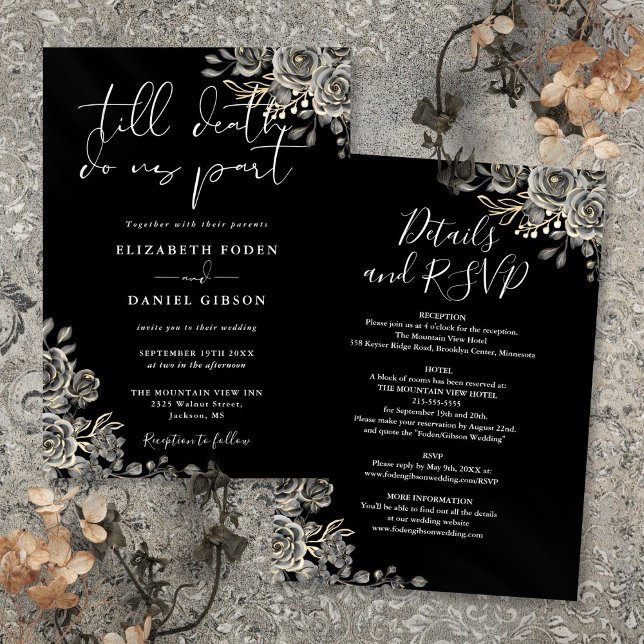 Alles in einer Schwarz-Weiß-Gotik-Blumenhochzeit Einladung (All In One Black And White Gothic Floral Wedding Invitation)