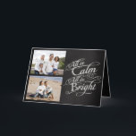 Alles ist ruhig, hell Halbpension Weihnachten 2 Fo<br><div class="desc">Fügen Sie dieser eleganten bedruckten Grußkarte zwei Fotos hinzu. Alles ist ruhig,  alles ist hell. Dunkle Holzkohle graue Kalkboard schwarze Bretter Hintergrund mit Kreide-Look extravagante Schrift geschrieben mit Worten aus dem berühmten Weihnachtskarol,  Silent Night. Ein hübsches und fühlendes Element,  das an die Schönheit und den Glanz der Saison erinnert!</div>