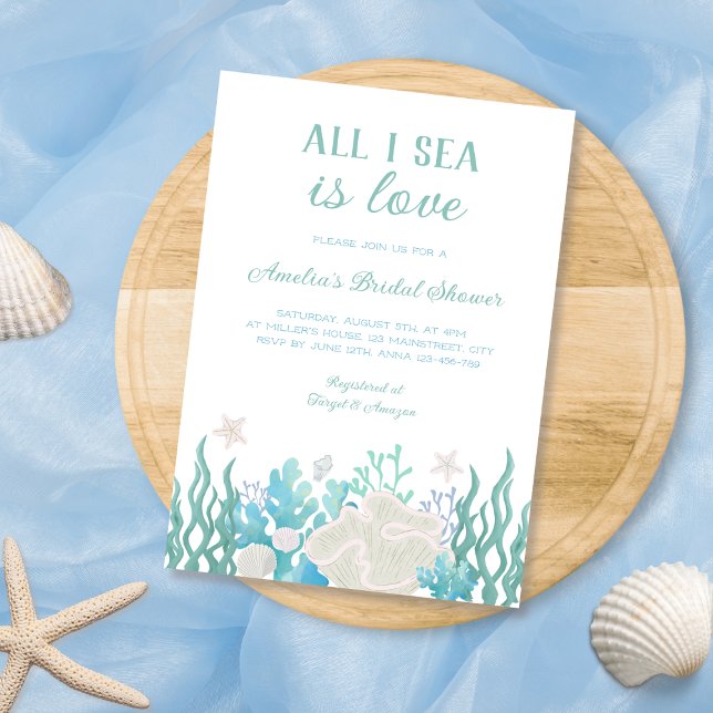 Alles, was ich Meer ist Liebe Beach Brautparty Einladung (All I Sea Is Love Beach Ocean Bridal Shower Invitation)