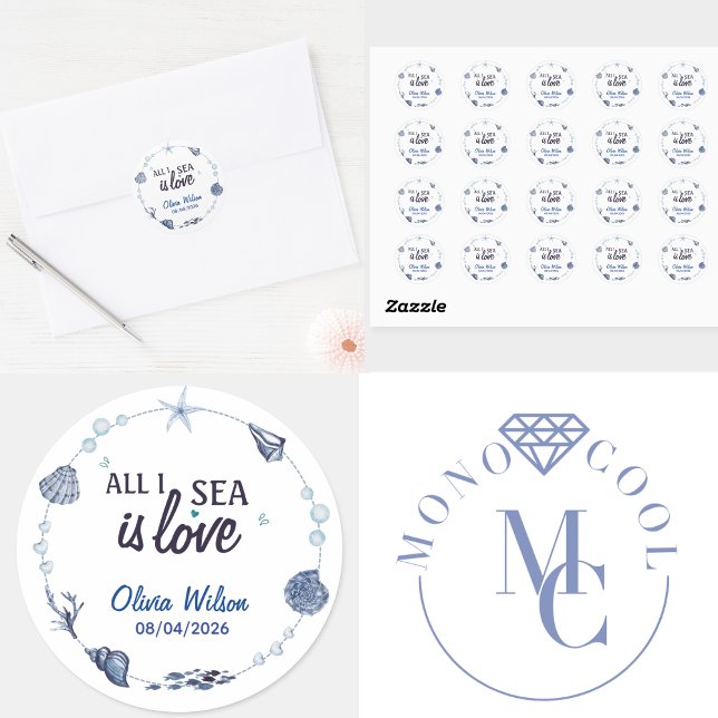Alles was ich sehe ist Liebe Nautischer Brautdusch Runder Aufkleber (nautical bridal shower wedding party supplies elegant navy blue beach watercolor coastal script)